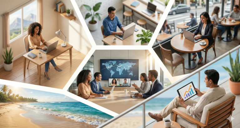A photorealistic collage showing a global team of international virtual assistants collaborating via a central "PULSE SYSTEM" hub, with an entrepreneur viewing business growth on a tablet while relaxing on a beach balcony.