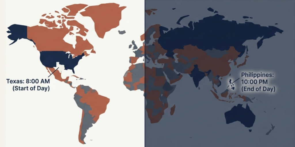A split graphic showing a 14-hour time zone gap between Texas and the Philippines alongside a person struggling to push a square block in a cycle, representing the DIY Tax.