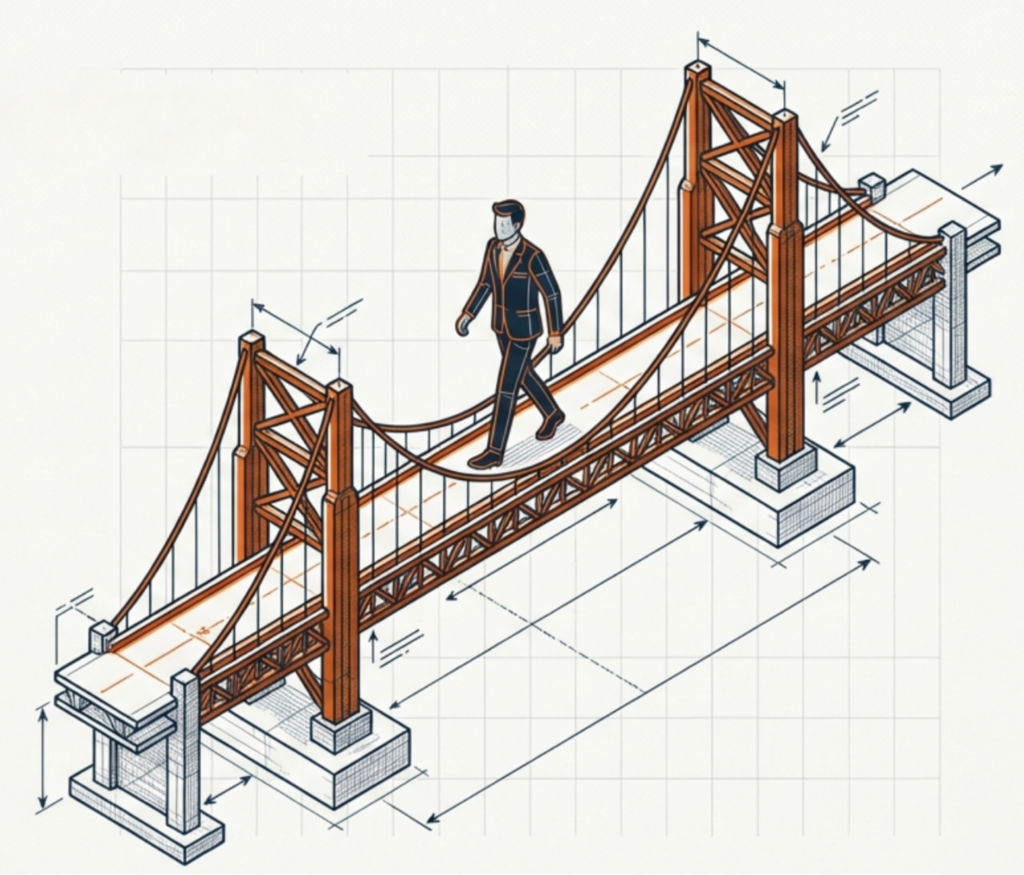 Illustration of a person confidently crossing a fully supported bridge, representing effective delegation.