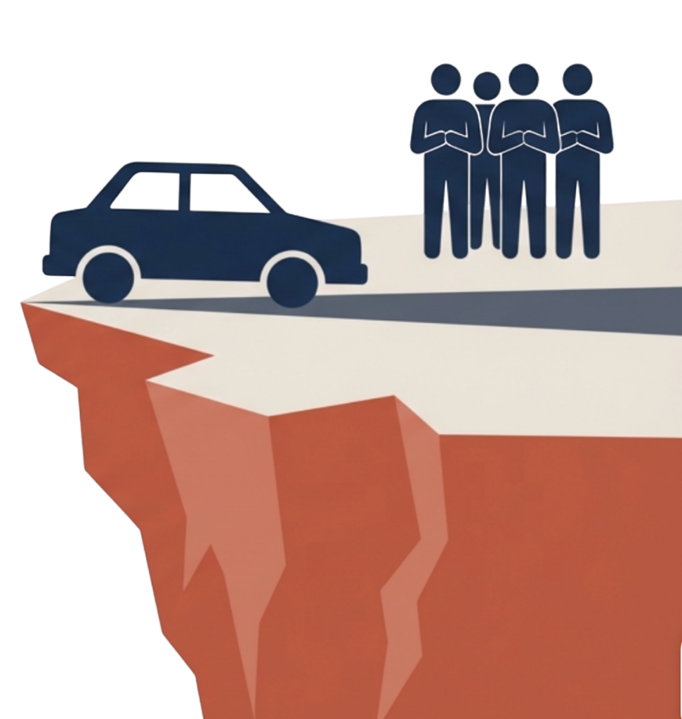 A silhouette of a car driving toward a cliff while a group of people stand by with their arms crossed, representing a team watching a business error occur without speaking up to maintain harmony.