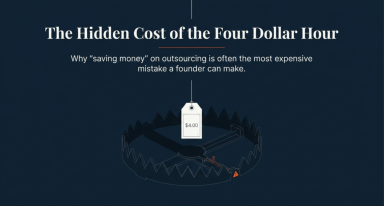 Visual metaphor showing a price tag labeled “$4.00” hanging above a bear trap, symbolizing the hidden risks of hiring ultra-low-cost virtual assistants.
