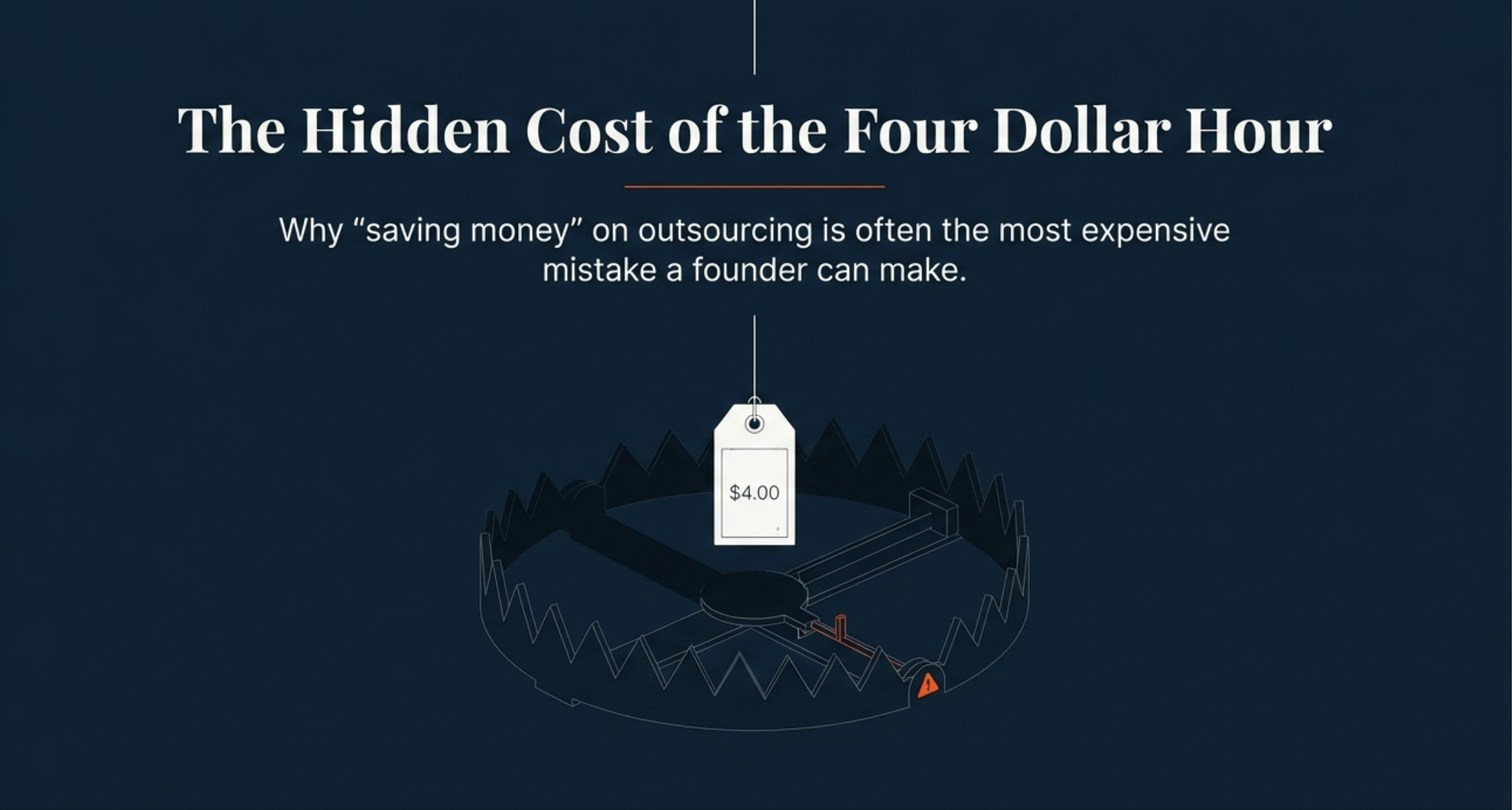 Visual metaphor showing a price tag labeled “$4.00” hanging above a bear trap, symbolizing the hidden risks of hiring ultra-low-cost virtual assistants.