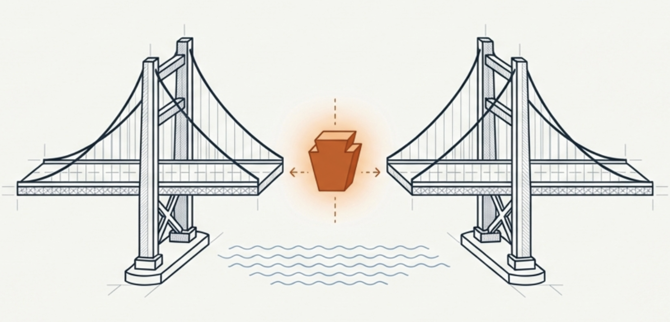 Illustration showing a structured task handoff between two systems, representing delegation versus abdication.