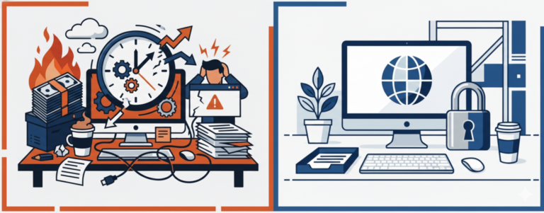 A split-screen illustration comparing a chaotic, disorganized office desk with fire and broken clocks (Marketplace Entropy) against a clean, secure, and globally connected remote workstation (Managed Talent).