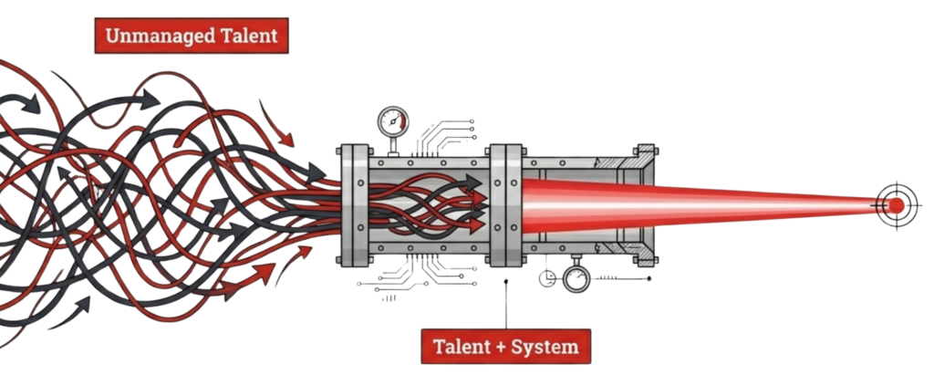 Diagram comparing chaotic unmanaged talent to talent focused by a system to stop Operational Drift.